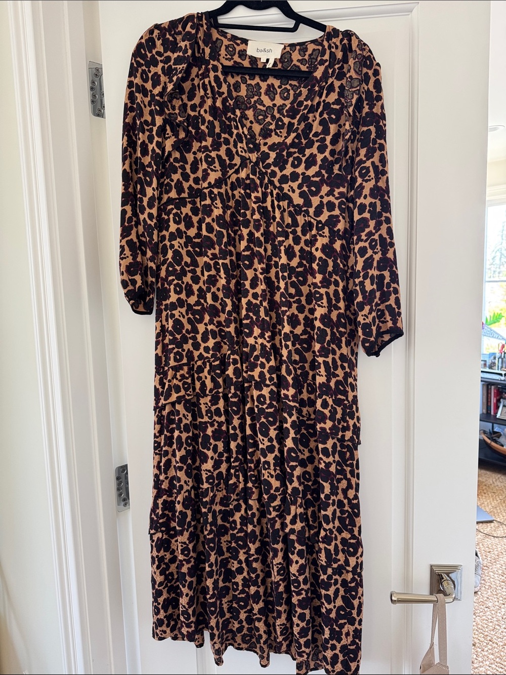 ba&sh Tan and Black Leopard-Print Tiered Midi Dress